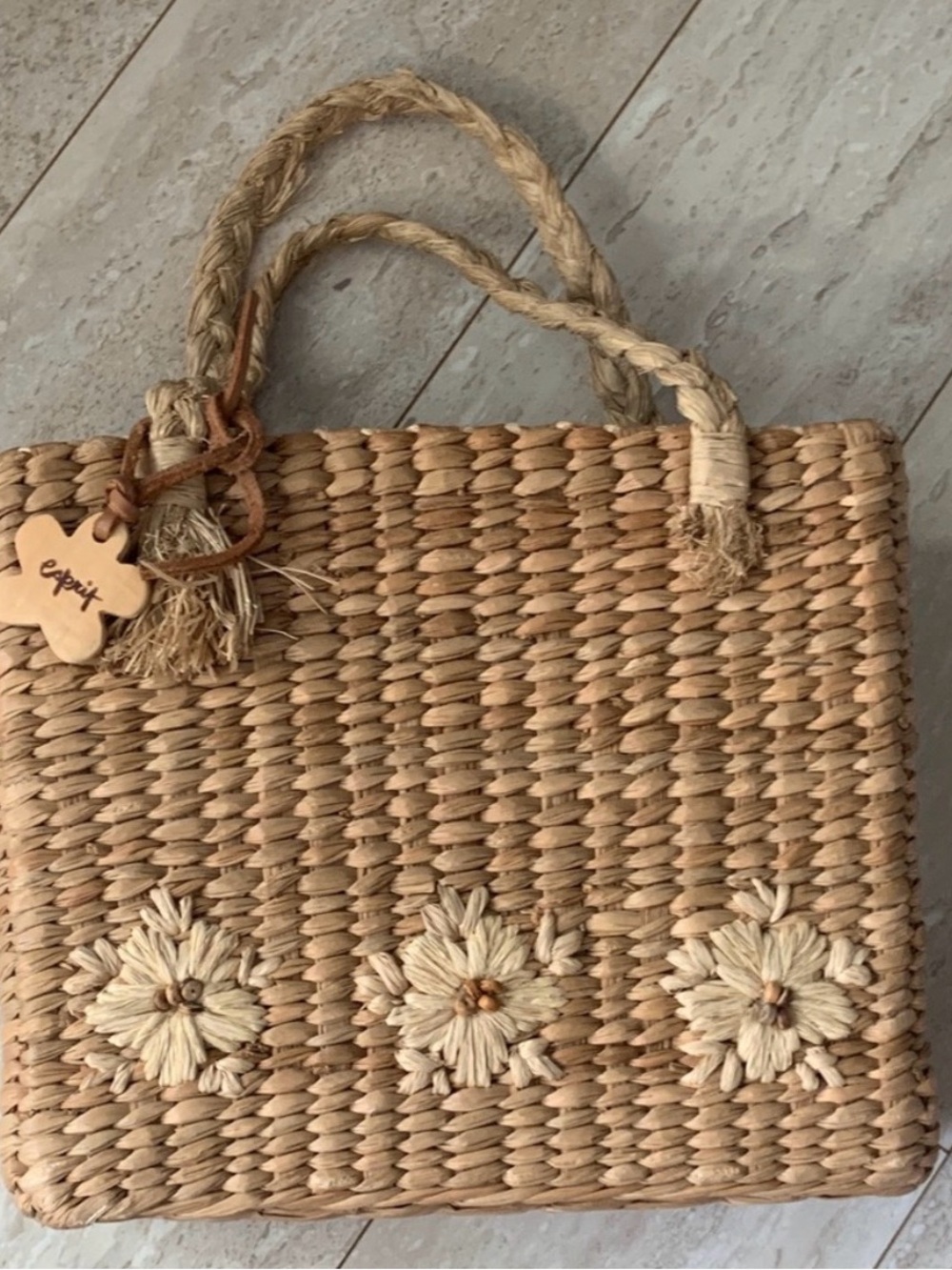 Esprit Beige Natural Straw Tote with Flower Embellishments